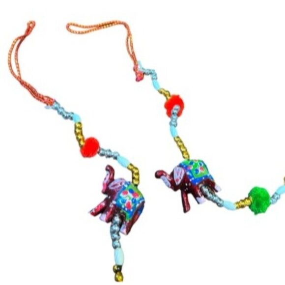 Handmade Colorful Elephant Beaded Hanging With Bells - 44" Long - Picture 3 of 4